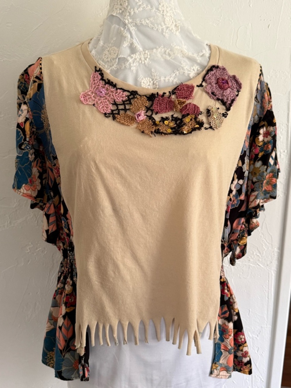 Mixed Media Upcycled Floral Fringe Top Large - Picture 2 of 8